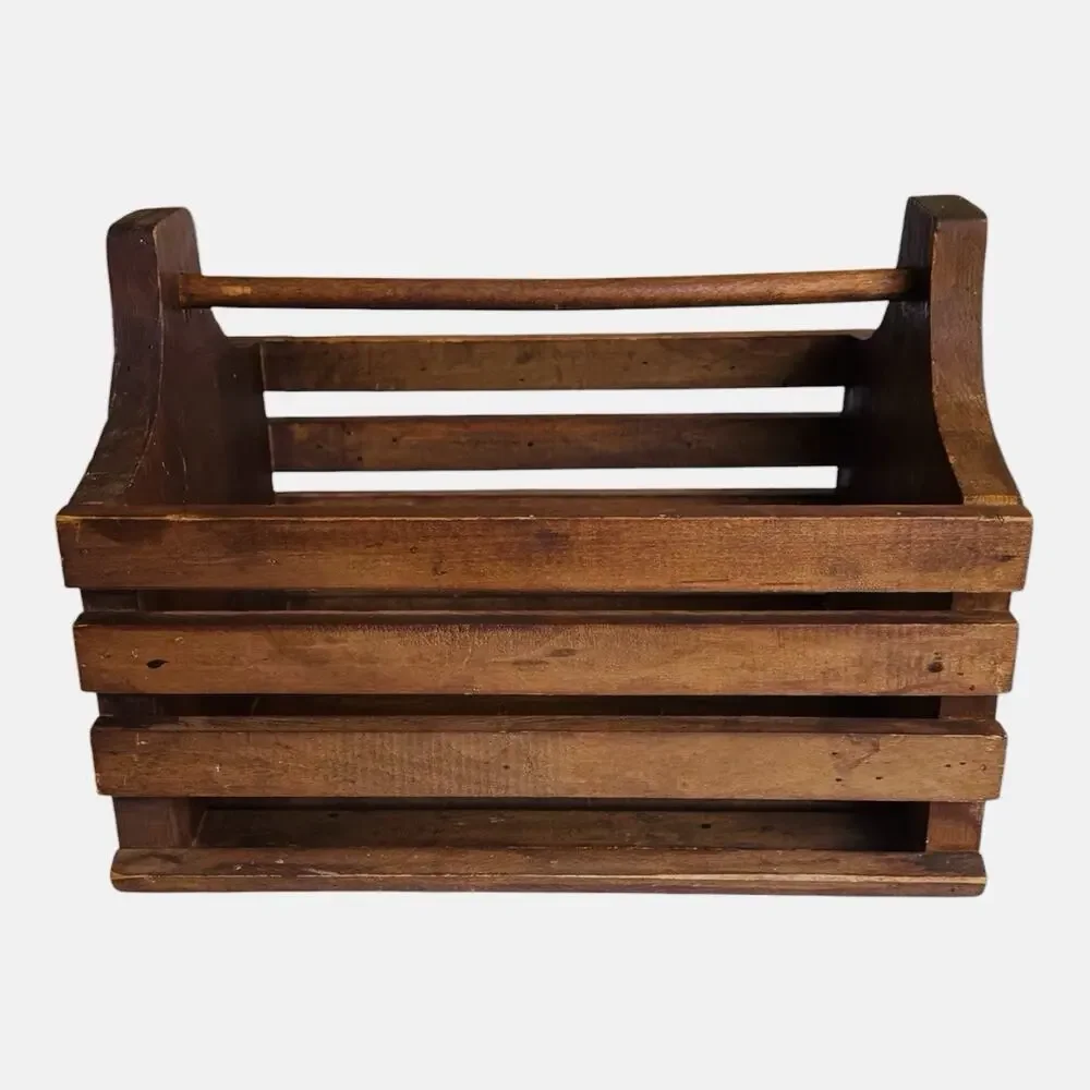Vintage Primitive Wood Carrying Basket/Box With Handle Slatted Sides Country